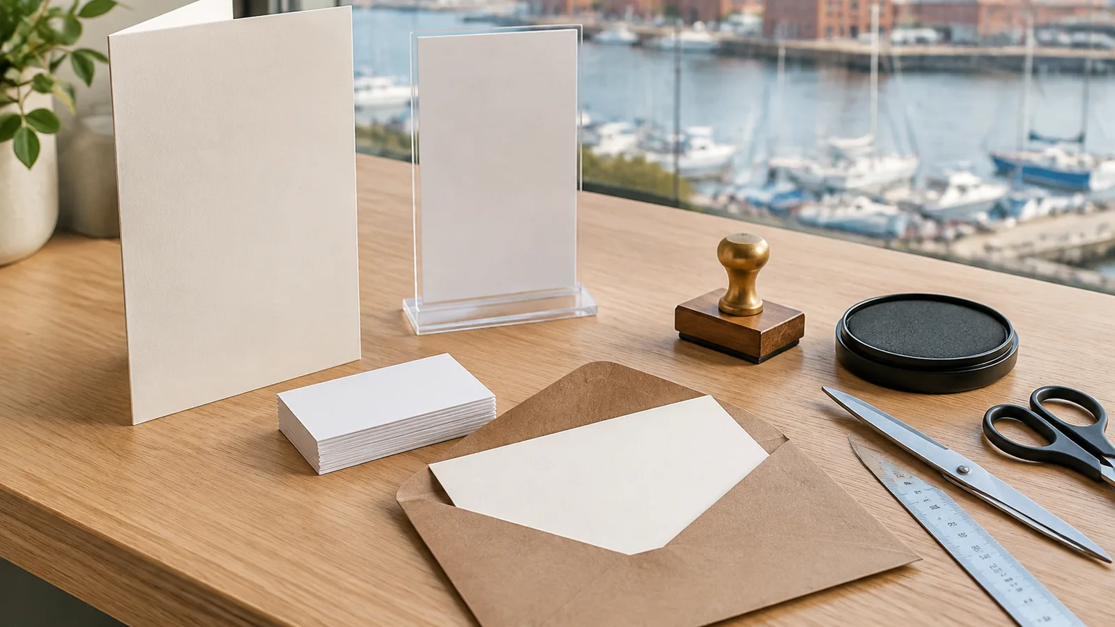 Leere Vorlagen auf einem Holztisch am Fenster: eine gefaltete Karte, ein Tischaufsteller aus Acryl, kleine Karten, ein Umschlag aus Packpapier, ein Holzstempel mit Stempelkissen, Schere und Lineal, draußen ein Hafen