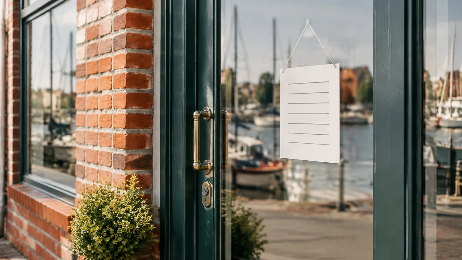 Eine Ladentür aus Glas mit Messinggriff, an der ein leeres Schild für Öffnungszeiten hängt, in der Scheibe spiegelt sich ein Hafen mit Segelbooten