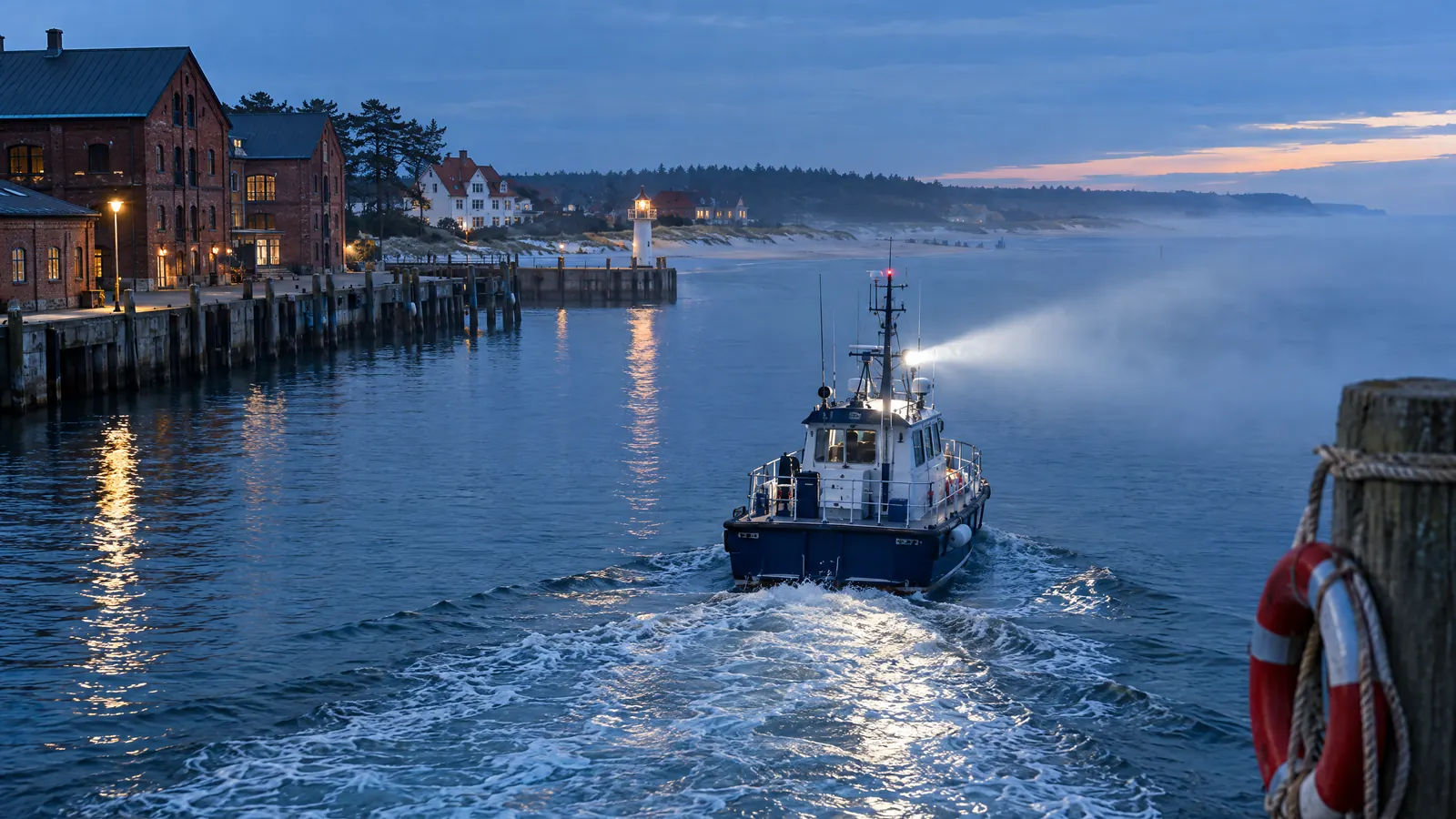 Kleines Rettungsboot läuft zur blauen Stunde mit Suchscheinwerfer aus einem Ostseehafen aus, vorn ein Rettungsring am Poller