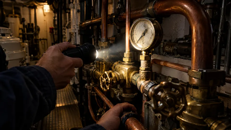 Hände mit Taschenlampe leuchten im Maschinenraum eines Schiffs auf Messingventile, Kupferrohre und ein Manometer
