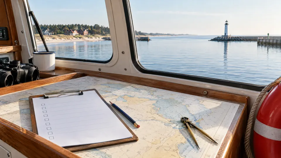 Klemmbrett mit leerer Checkliste, Bleistift und Stechzirkel auf einer Seekarte im Steuerhaus, draußen eine Hafeneinfahrt mit Leuchtturm