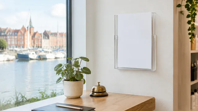 Ein leeres Blatt Papier in einem Wandhalter aus Acryl über einem Holztresen mit Messingglocke, Zimmerpflanze und Terminbuch, durch das Fenster ein Hafen mit Segelbooten