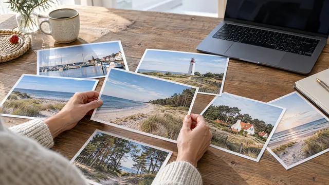 Hände legen Fotos von Ostseemotiven auf einem Holztisch nebeneinander, daneben ein Laptop