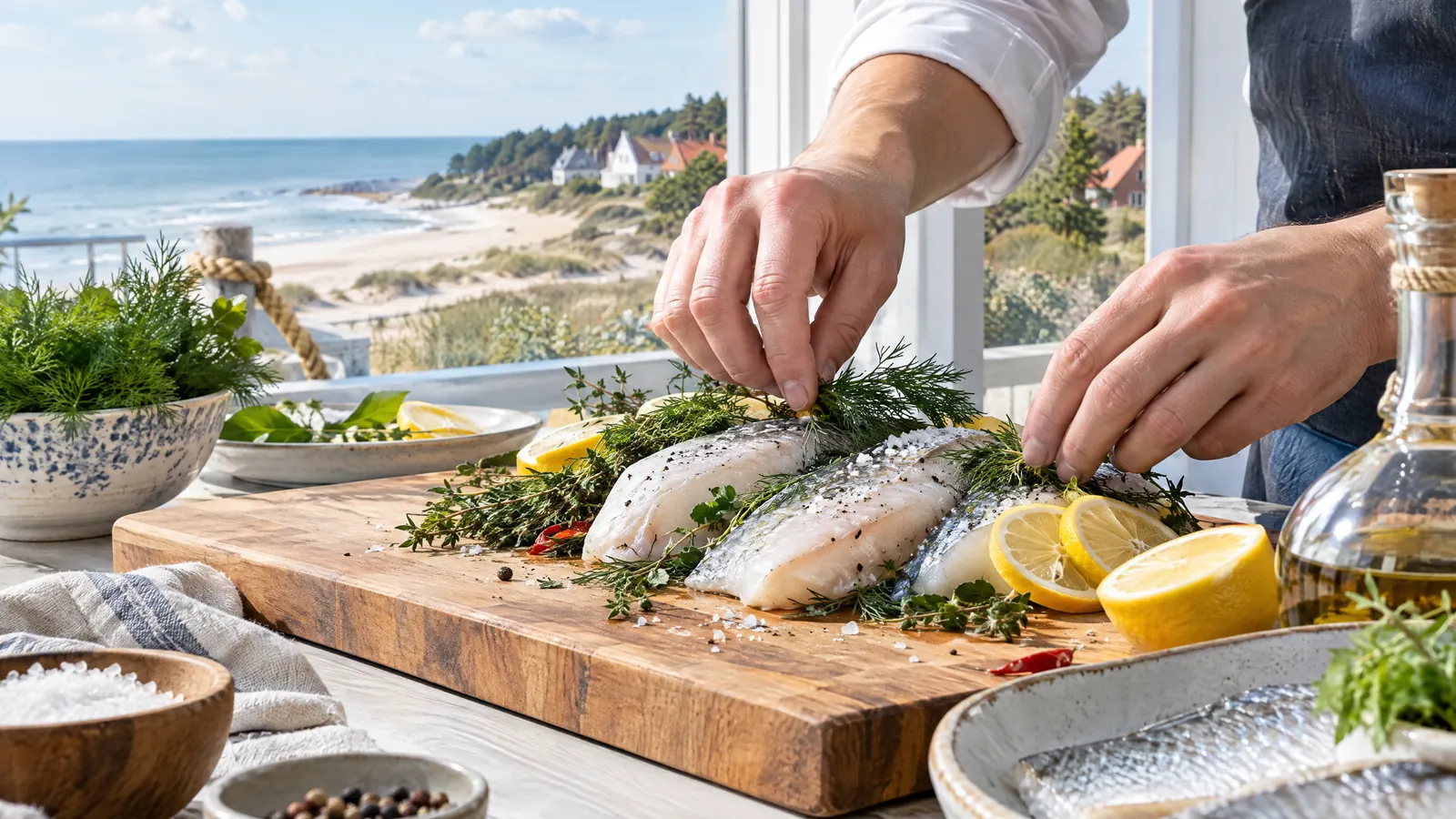 Speisekarte erstellen: hände belegen Fischfilets auf einem Holzbrett mit Dill und Thymian, daneben Zitronen, durchs Fenster Strand und Dünen