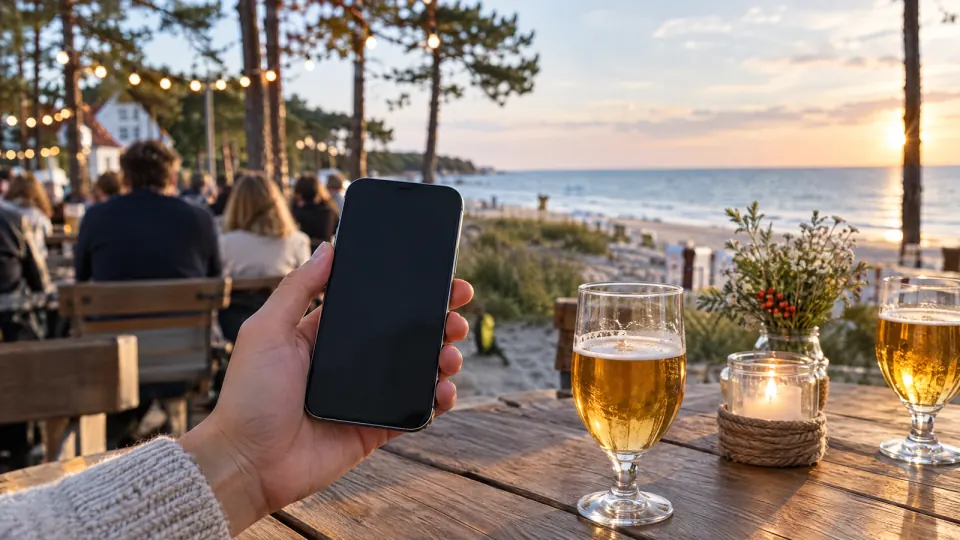 Eine Hand hält in einem abendlichen Biergarten ein Smartphone über einem Holztisch mit Getränken, dahinter Lichterketten