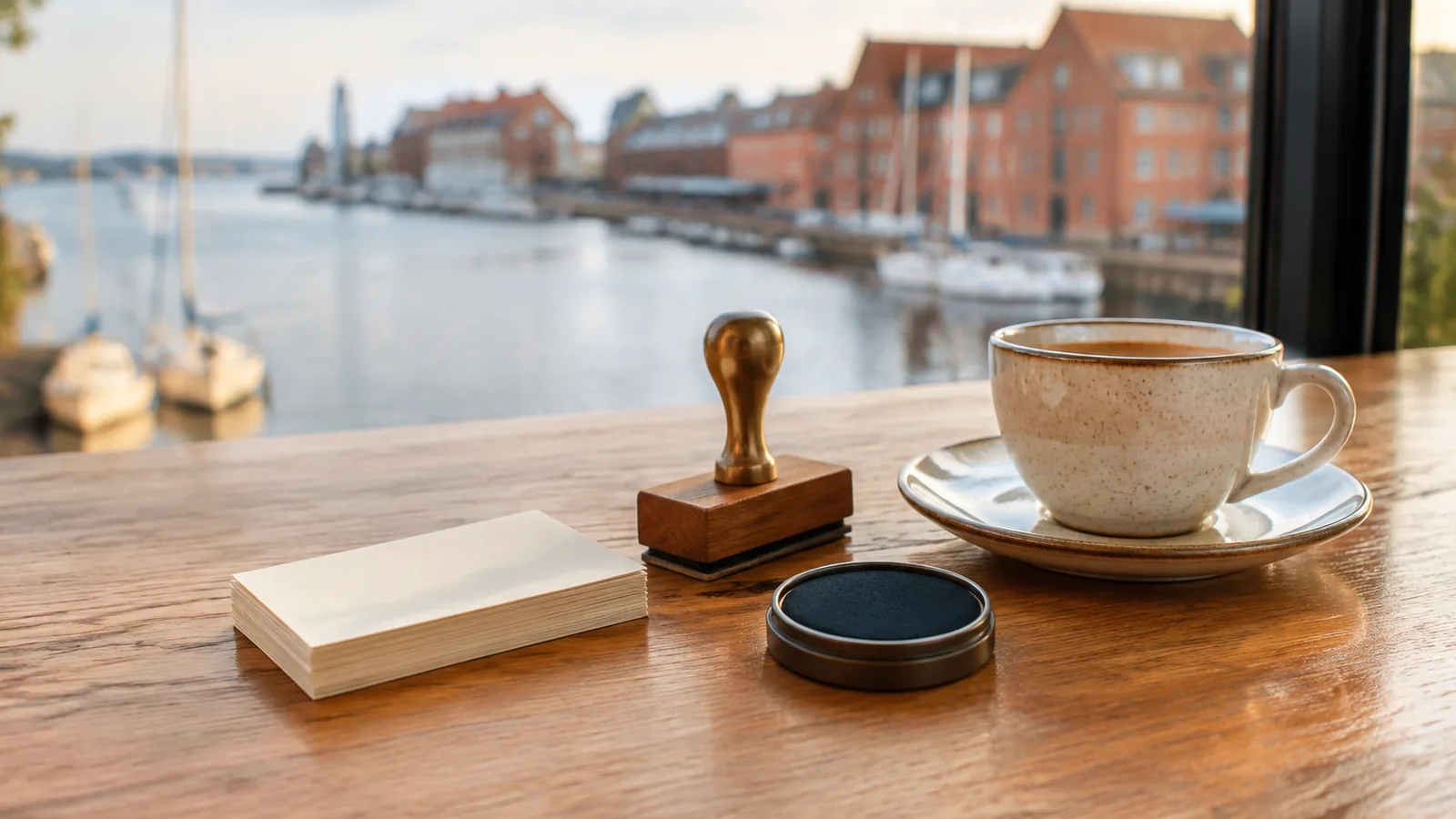 Ein Stapel leerer cremefarbener Karten im Visitenkartenformat, ein Holzstempel mit Messinggriff und ein Stempelkissen neben einem Espresso auf einem Holztresen, dahinter ein Hafen mit Segelbooten