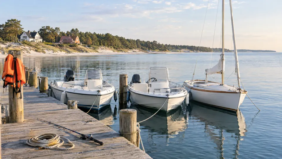 Holzsteg in einer ruhigen Ostseebucht mit zwei Mietbooten, einem kleinen Segelboot, Angelrute und Rettungsweste