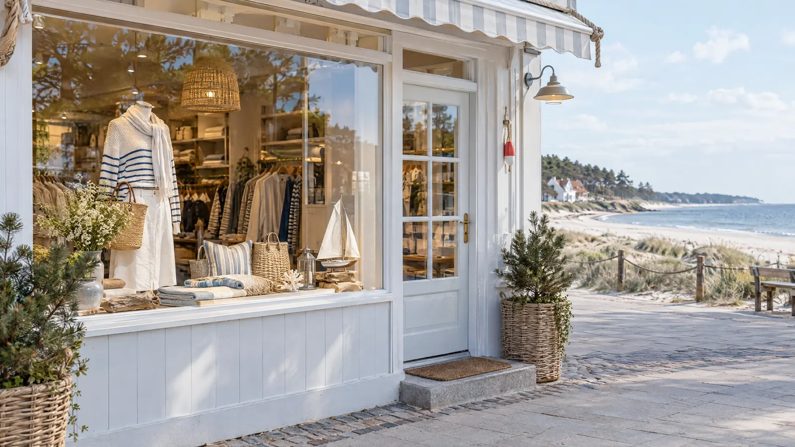 Weißes Ladengeschäft mit großem Schaufenster voller Strickmode und Deko an einer Promenade, daneben Dünen und Strand