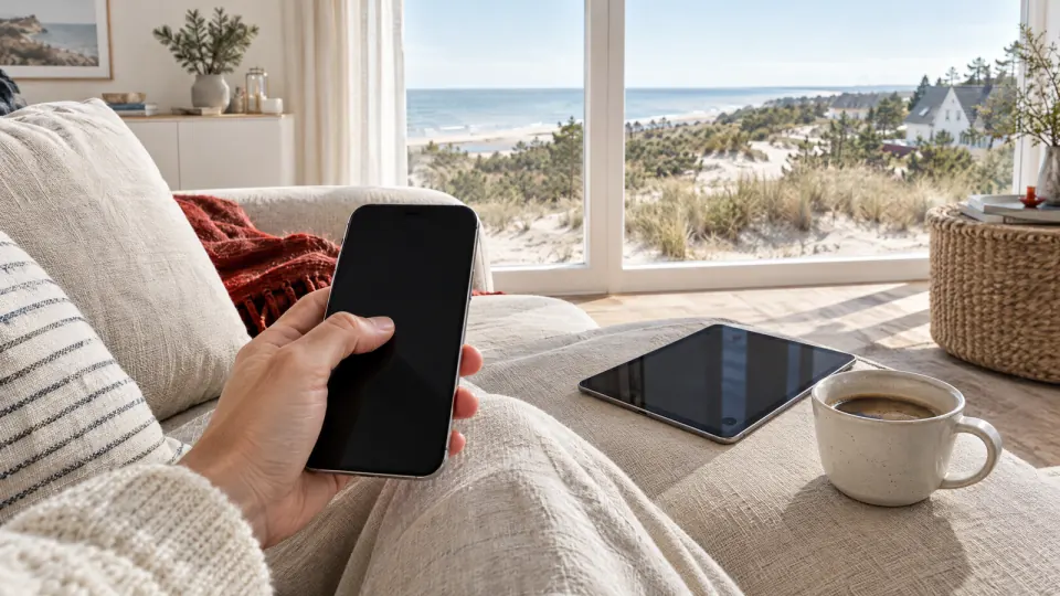 Hand mit Smartphone beim Scrollen auf dem Sofa, daneben ein Tablet und eine Kaffeetasse, draußen Dünen