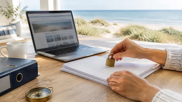 Hände legen ein Vorhängeschloss aus Messing auf einen Stapel Papiere neben einem Laptop, dahinter Dünen und die Ostsee
