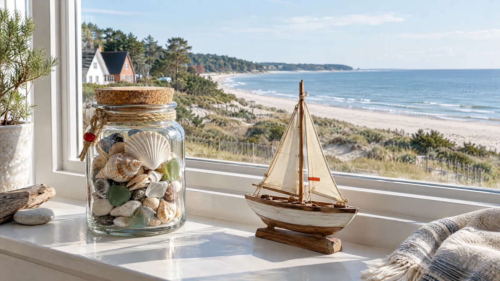 Wix Preise 2026: Fensterbank mit einem Glas voller Muscheln und Meerglas, daneben ein Holzsegelboot, draußen Dünen und Ostseestrand