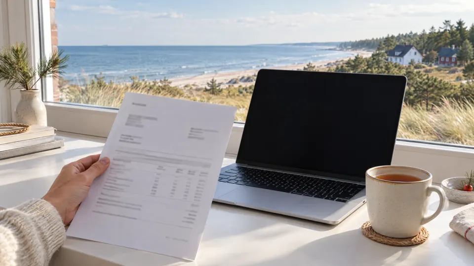Hand hält eine ausgedruckte Rechnung neben einem Laptop und einer Teetasse, draußen Dünen und Ostsee