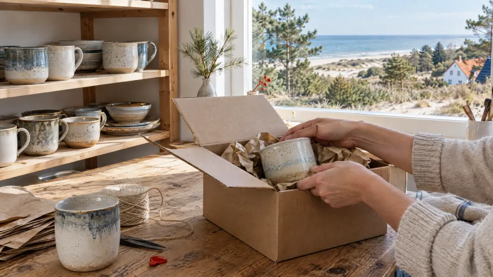 Hände verpacken eine handgemachte Keramiktasse in einen Karton, im Regal weitere Tassen, draußen Kiefern