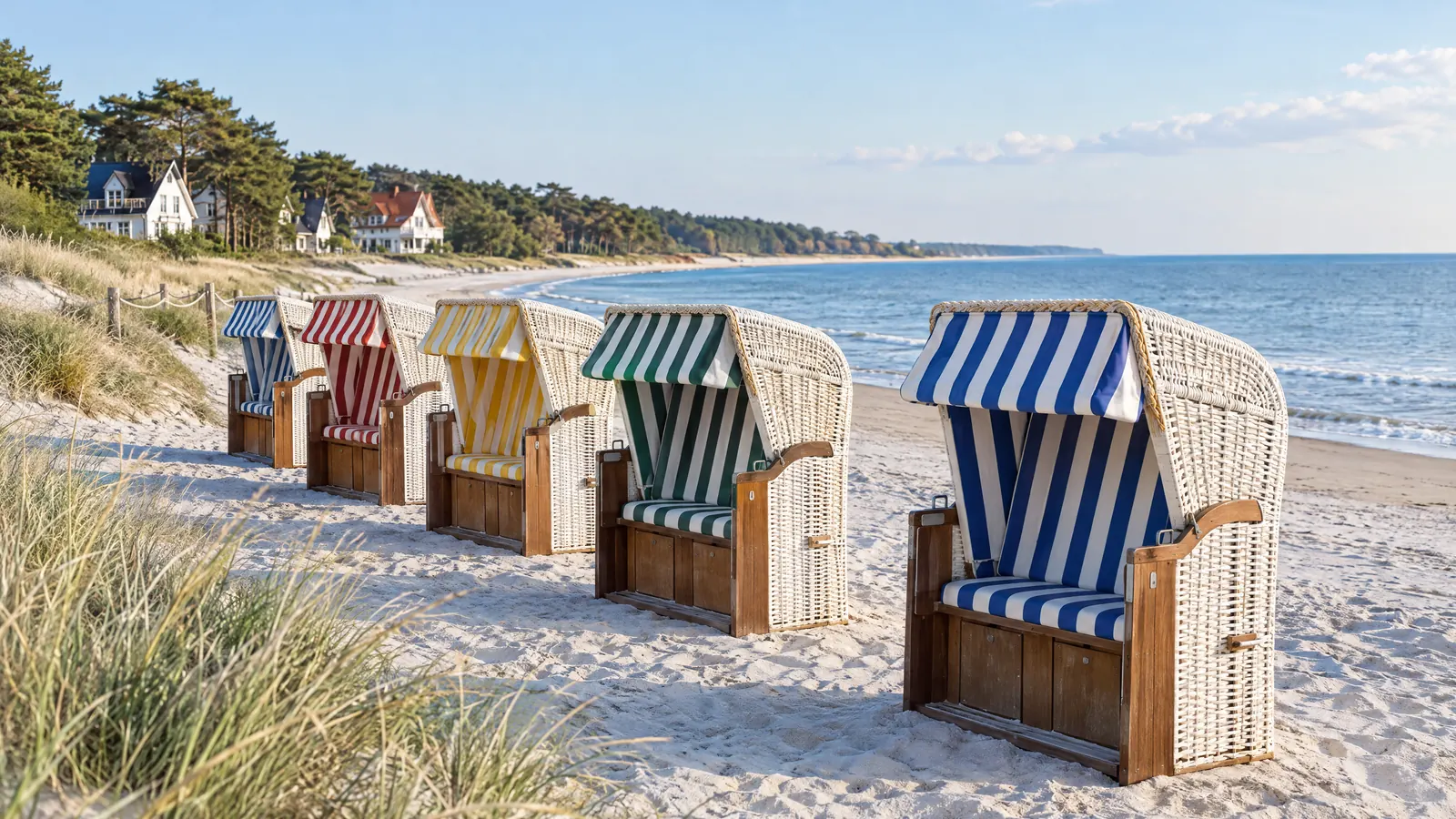 Wix Vorlagen 2026: Fünf Strandkörbe mit unterschiedlich gestreiften Bezügen in einer Reihe am Ostseestrand, dahinter Dünen und helle Häuser