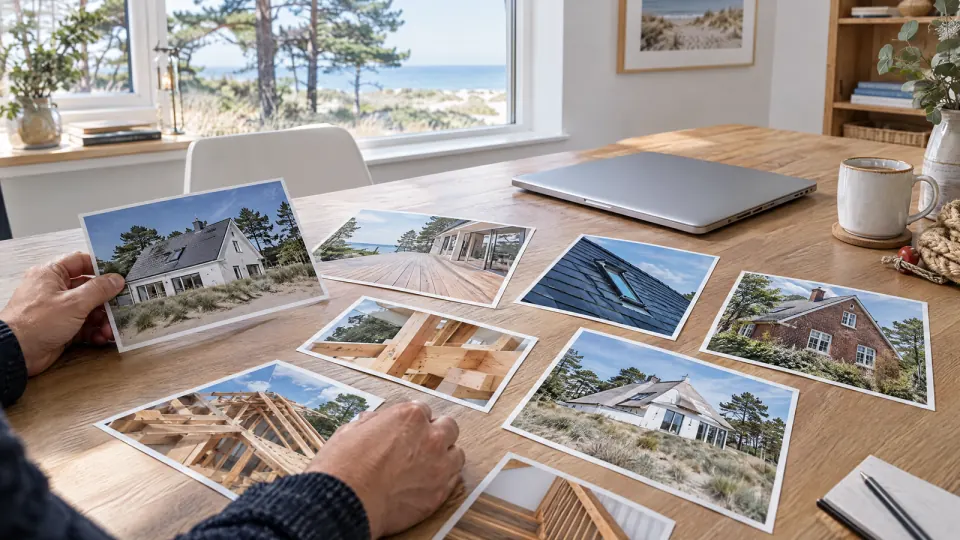 Hände legen ausgedruckte Fotos von Handwerksarbeiten im Hoch- und Querformat neben einem zugeklappten Laptop auf einen Holztisch