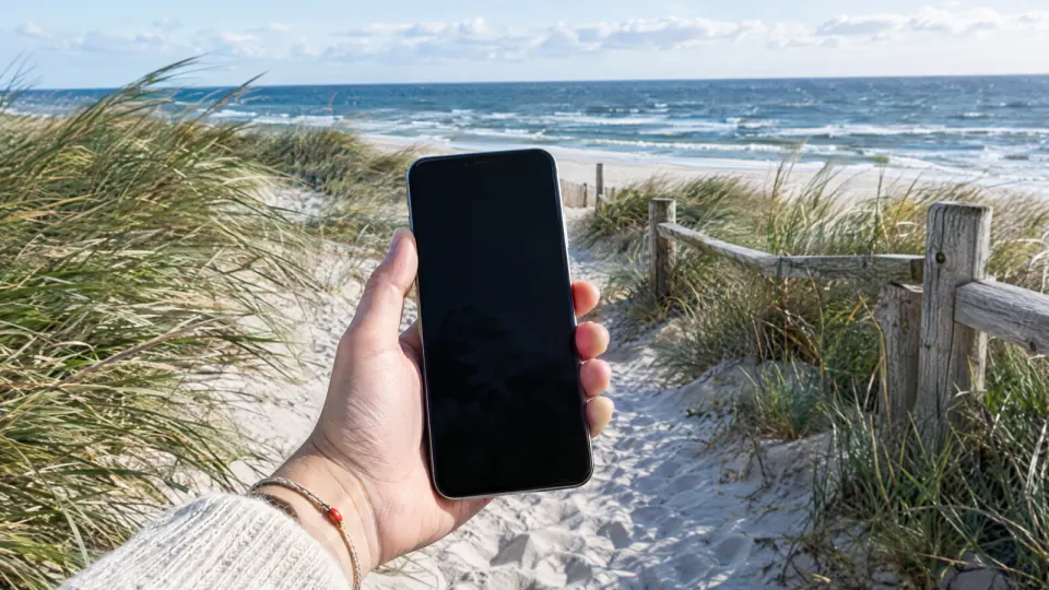 Hand hält auf einem Sandweg zwischen Dünen ein Smartphone, im Hintergrund ein Strandzaun und die Ostsee