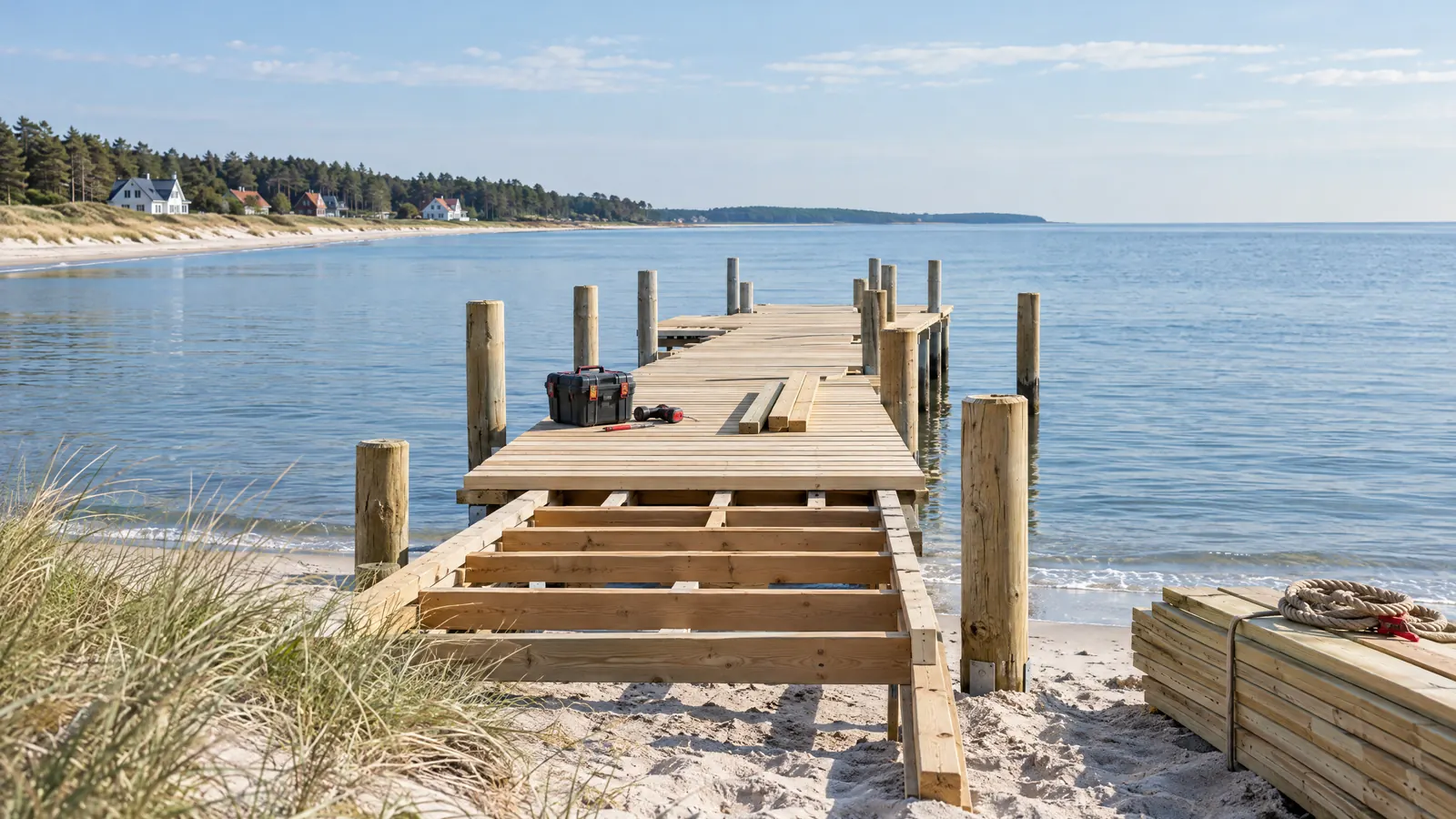 Wix, WordPress, Jimdo oder IONOS: Halb fertiger Holzsteg am Ostseestrand, darauf eine Werkzeugkiste, daneben gestapelte Bretter und ein Tau