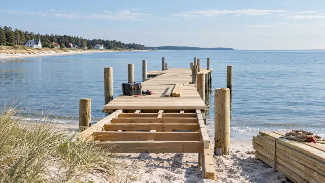 Wix, WordPress, Jimdo oder IONOS: Halb fertiger Holzsteg am Ostseestrand, darauf eine Werkzeugkiste, daneben gestapelte Bretter und ein Tau