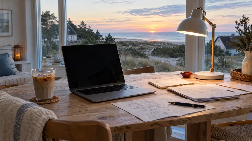 Laptop, Notizen und ein Glas Eiskaffee auf einem Holztisch, durch das Fenster Dünen und die Ostsee im Abendlicht