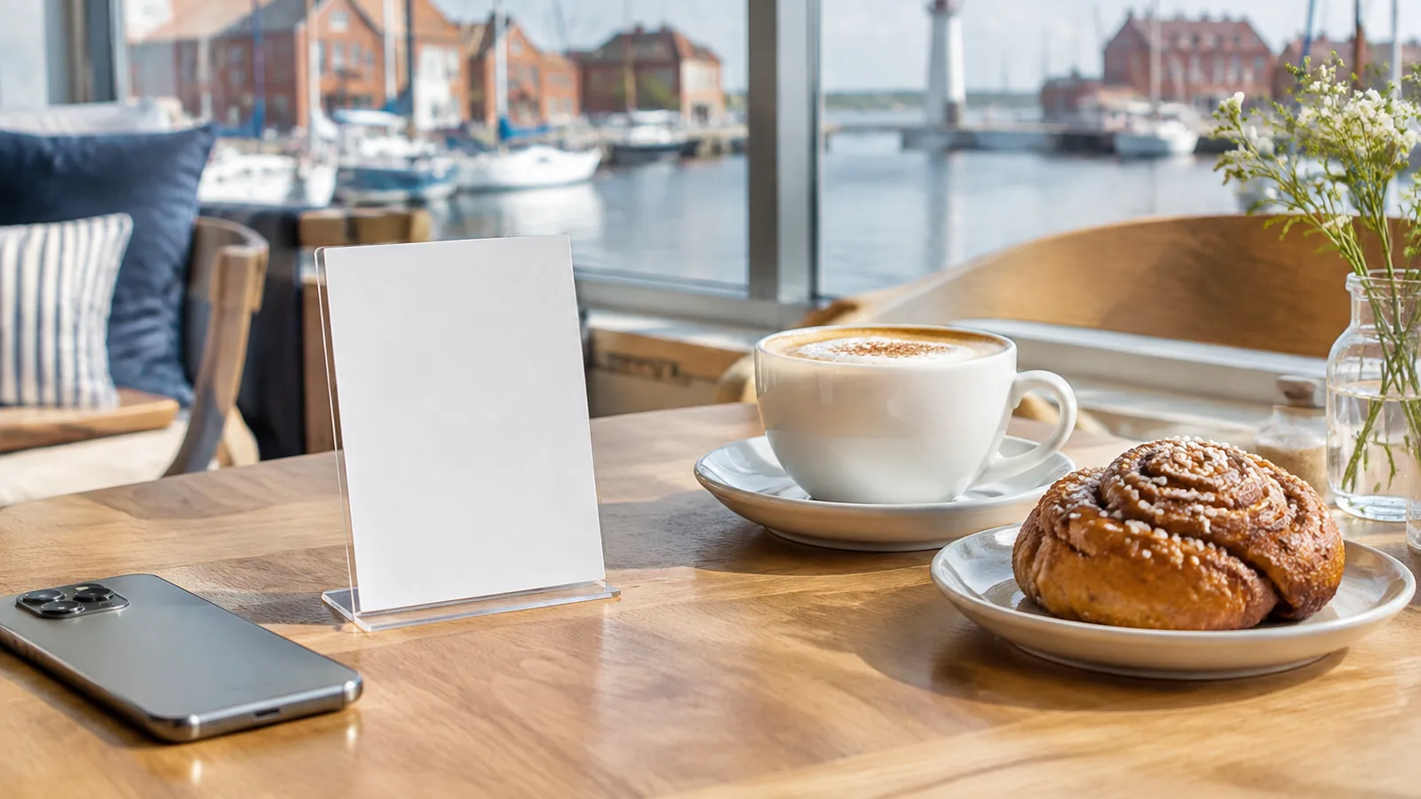 Ein leerer Tischaufsteller aus Acryl auf einem Holztisch in einem Café, daneben ein Smartphone, ein Cappuccino und eine Zimtschnecke, im Hintergrund ein Hafen mit Leuchtturm