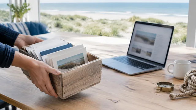 Hände stellen eine Holzkiste mit Papieren und Fotos auf einen Tisch, daneben ein Laptop, ein Kompass und ein Tau, im Hintergrund Dünen und die Ostsee