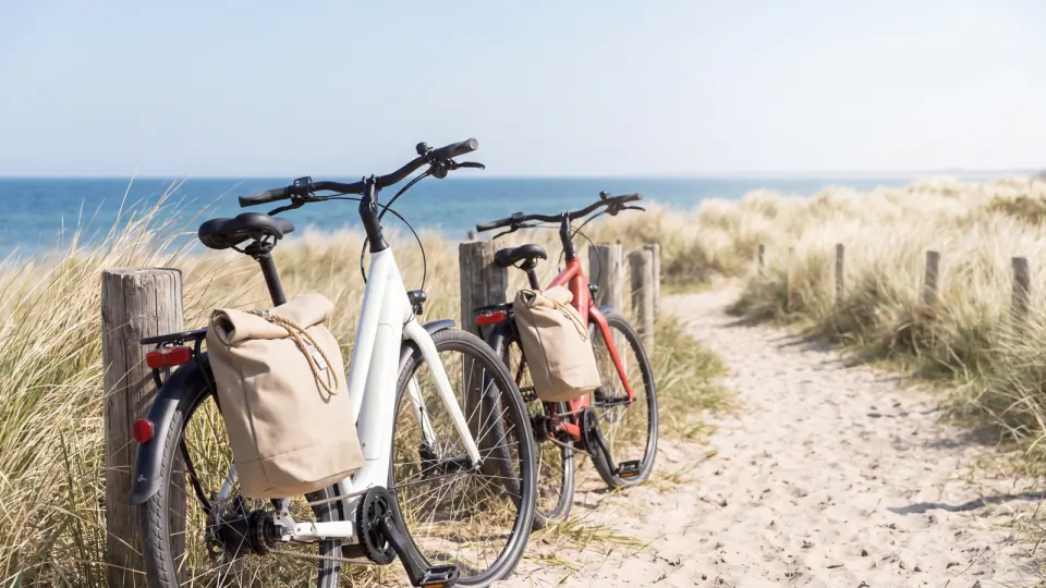 Zwei E-Bikes ohne Marke an einem Küstenweg zwischen Dünengras