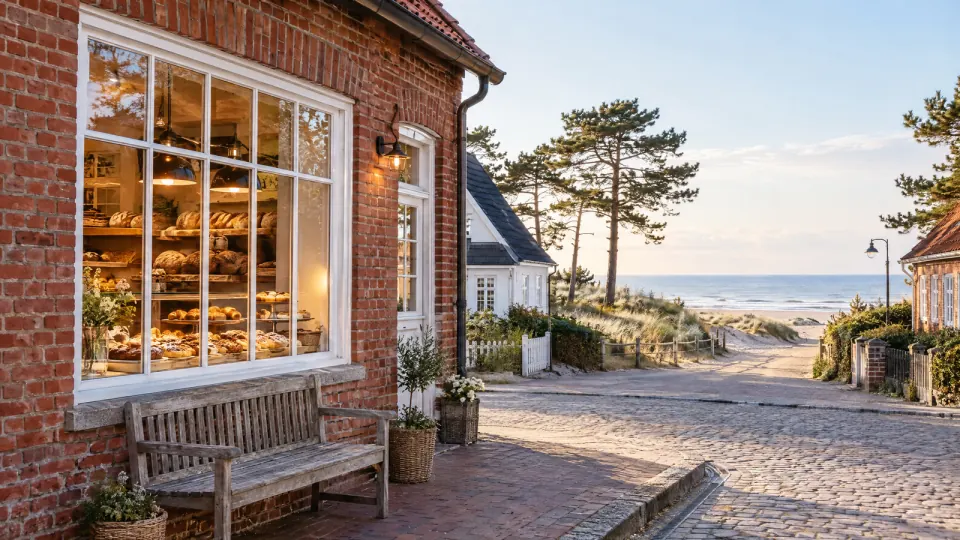 Bäckerei in einem Backsteinhaus am frühen Morgen, warm beleuchtetes Schaufenster mit Brot und Gebäck, davor eine Holzbank