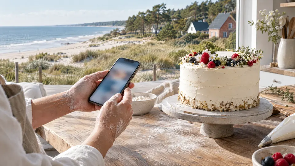 Bemehlte Hände halten ein Smartphone mit unscharfem Bildschirm neben einer verzierten Torte