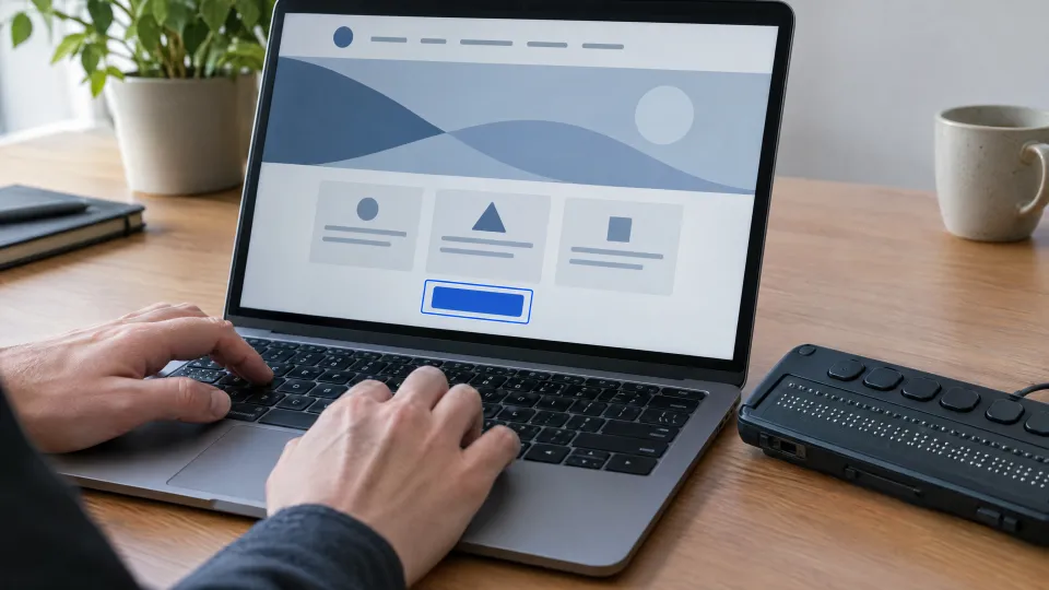 Hände bedienen einen Laptop mit der Tabulatortaste, ein Knopf ist deutlich markiert, daneben eine Braillezeile