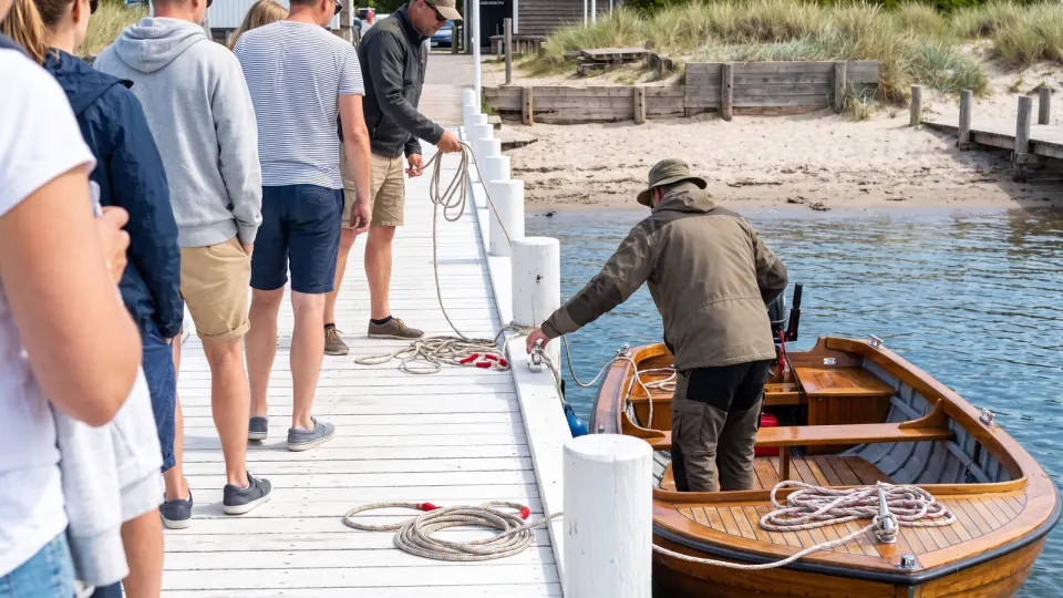 Wartende Kundschaft auf einem Bootssteg, ein Mitarbeiter prüft ein kleines Holzboot