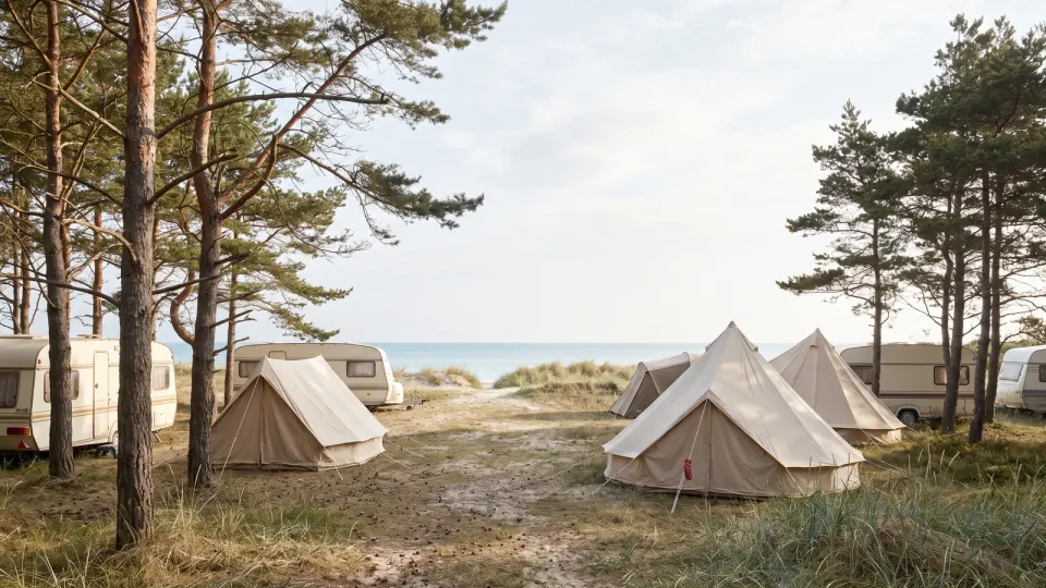 Zelte und Wohnwagen zwischen Kiefern und Dünengras, dahinter die Ostsee im Morgenlicht