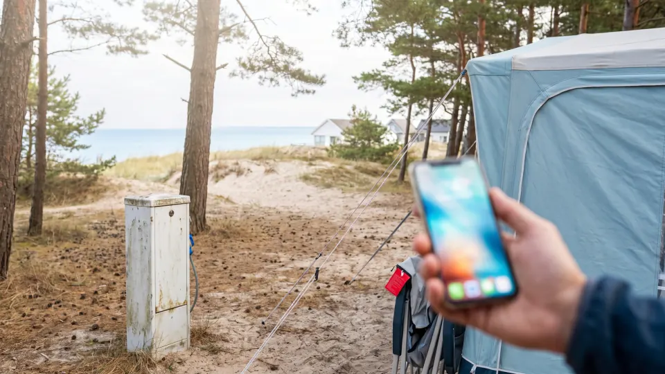 Hand mit Smartphone an einem Stellplatz mit Stromsäule und Vorzelt zwischen Kiefern