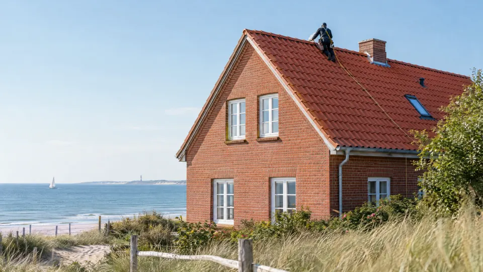 Backsteinhaus mit neuem Tondach an der Küste, ein mit Seil gesicherter Dachdecker arbeitet am First