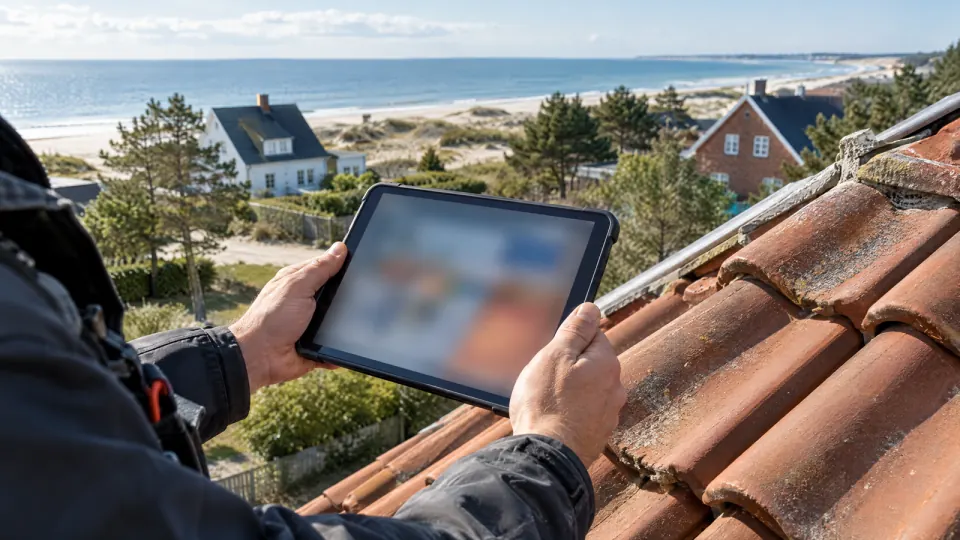Hände eines Dachdeckers halten ein Tablet mit unscharfem Bildschirm neben Dachziegeln