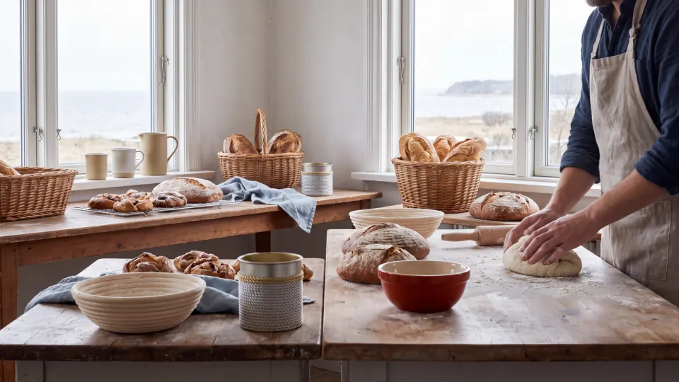 Frisches Brot und Gebäck auf der Theke eines Cafés im Fensterlicht
