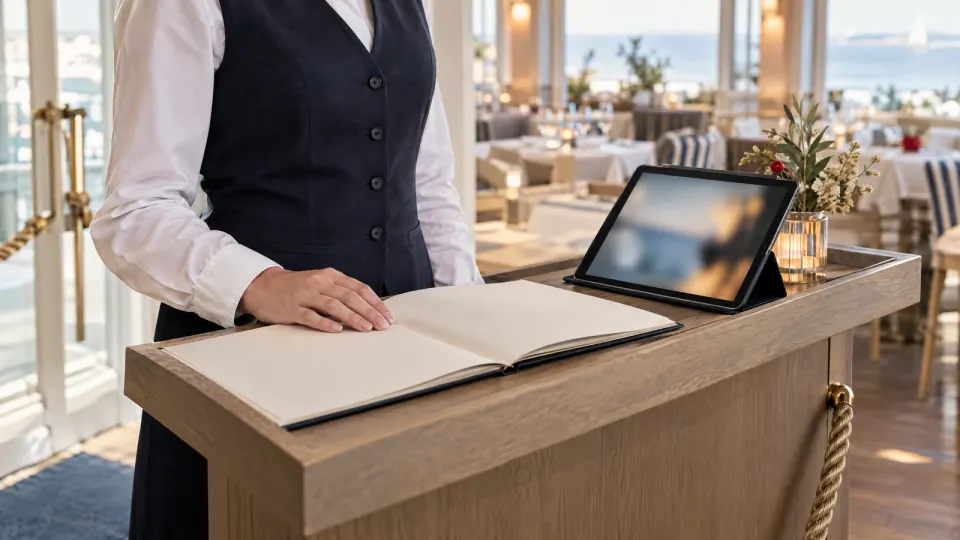 Servicekraft am Empfangspult mit aufgeschlagenem Reservierungsbuch und Tablet