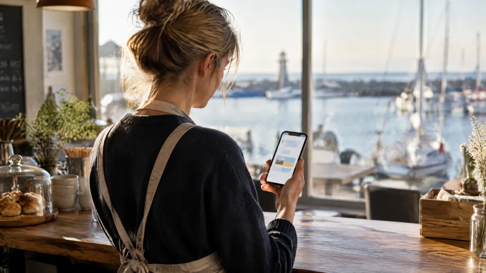 Inhaberin eines Cafés am Hafen von hinten gesehen, sie schaut am Tresen auf ein Smartphone mit einer Chat-Antwort, draußen Segelboote