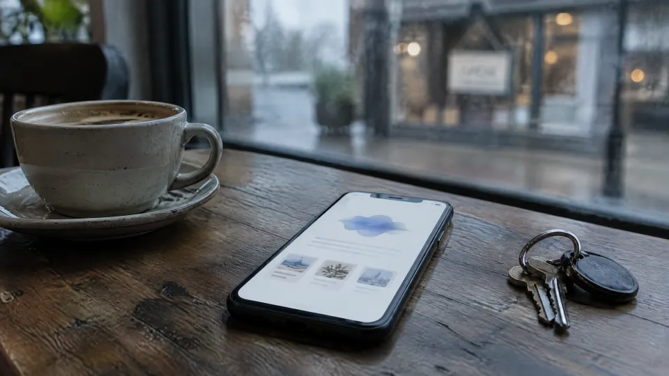 Smartphone mit einer KI-Antwort und drei Vorschlägen auf einem Holztisch neben Kaffeetasse und Schlüsselbund, draußen ein ruhiges Schaufenster