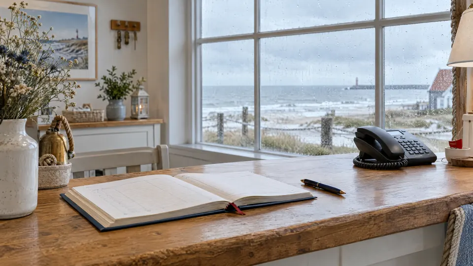 Rezeption einer kleinen Pension mit Reservierungsbuch, Telefon und Stift, draußen grauer Himmel über der See