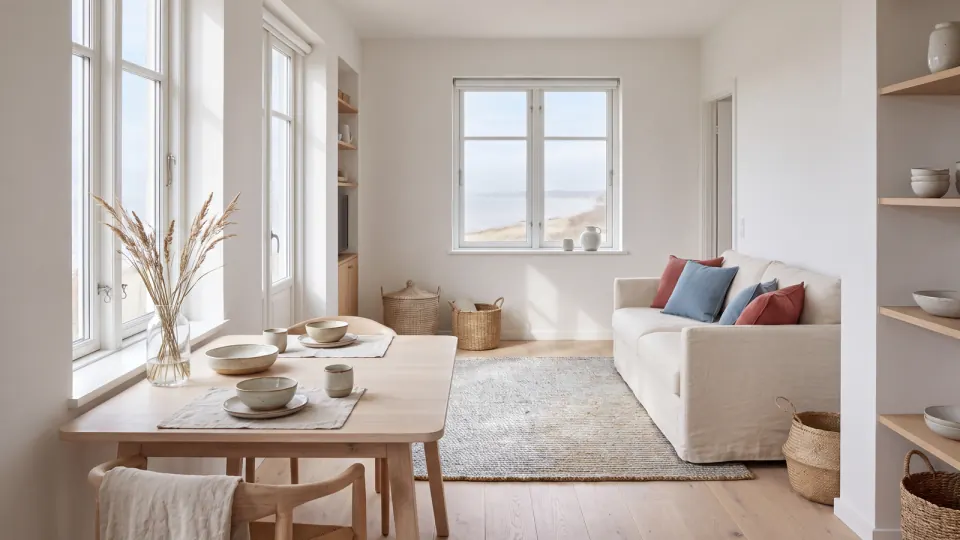 Helle Ferienwohnung mit Holz, Leinen und Keramik im Fensterlicht