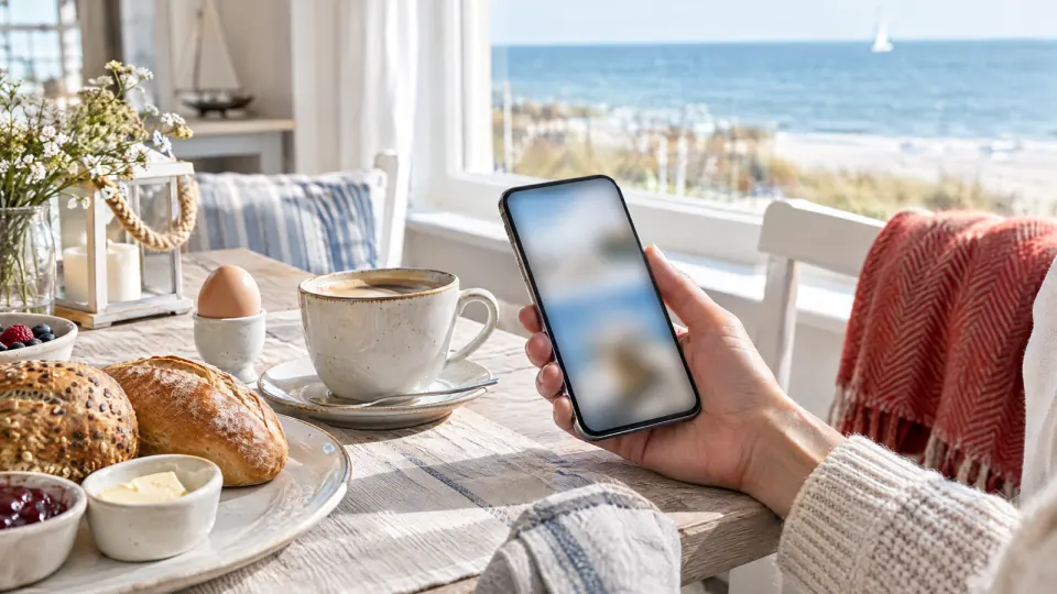 Hand hält ein Smartphone am Frühstückstisch einer Pension, daneben Kaffee und Brötchen, Blick auf den Strand
