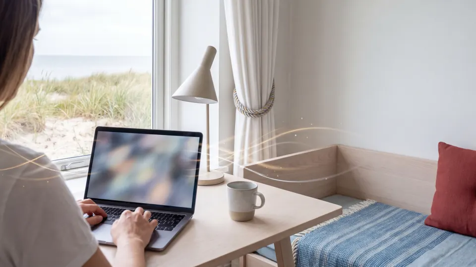 Arbeitsplatz in einem kleinen Betrieb, eine Person von hinten am Laptop mit unscharfem Bildschirm