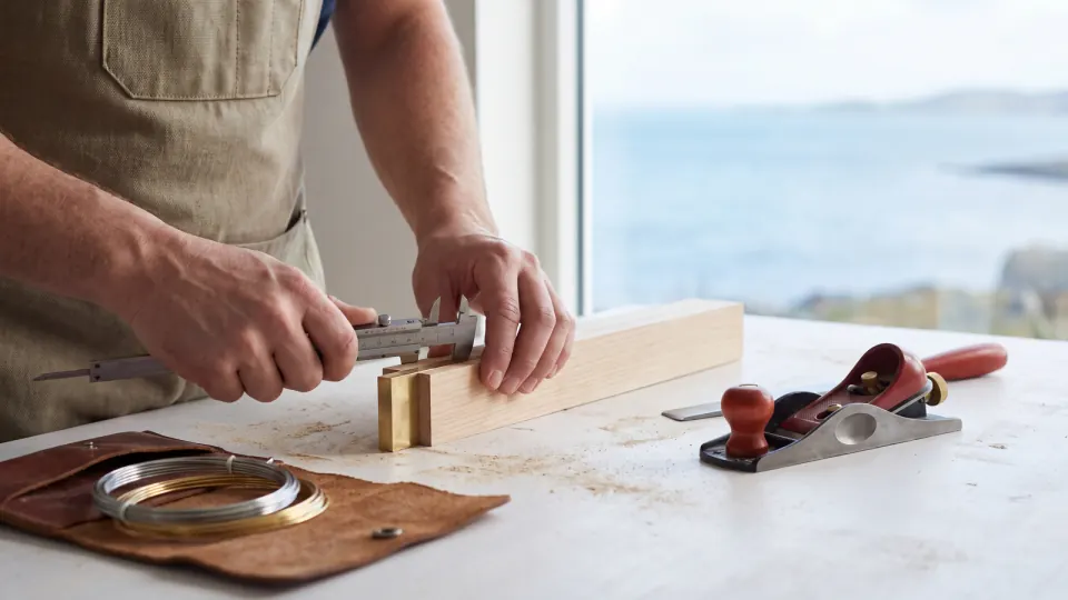 Hände messen mit einem Messschieber präzise an Holz und Metall