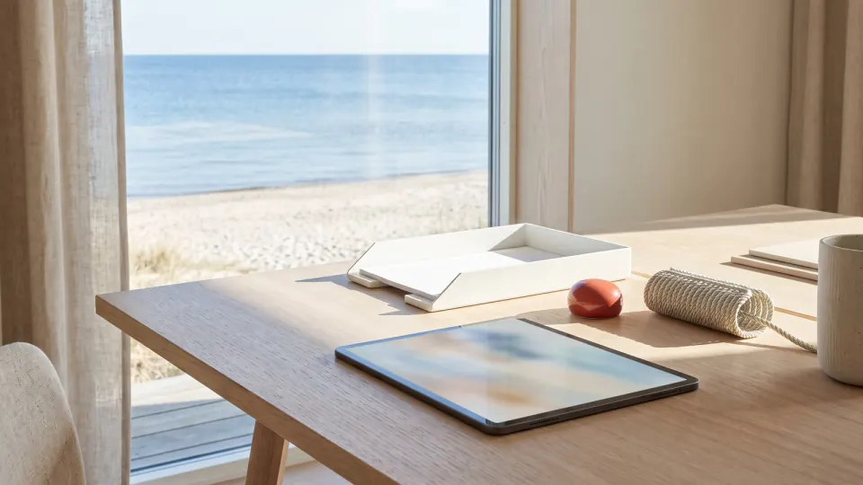 Aufgeräumter Schreibtisch mit Tablet und leerer Ablage, dahinter der Strand