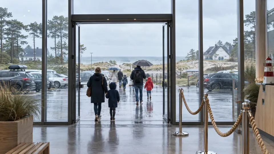 Familien gehen von hinten gesehen bei Regen durch den Eingang einer Freizeiteinrichtung