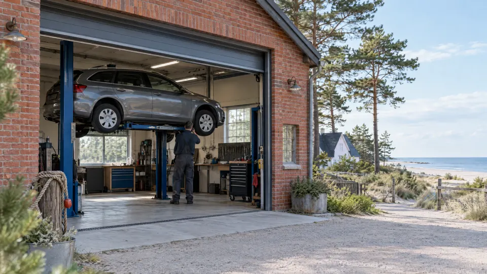Kleine Kfz-Werkstatt in einem Backsteinbau nahe der Ostsee, ein Auto auf der Hebebühne und ein Mechaniker von hinten