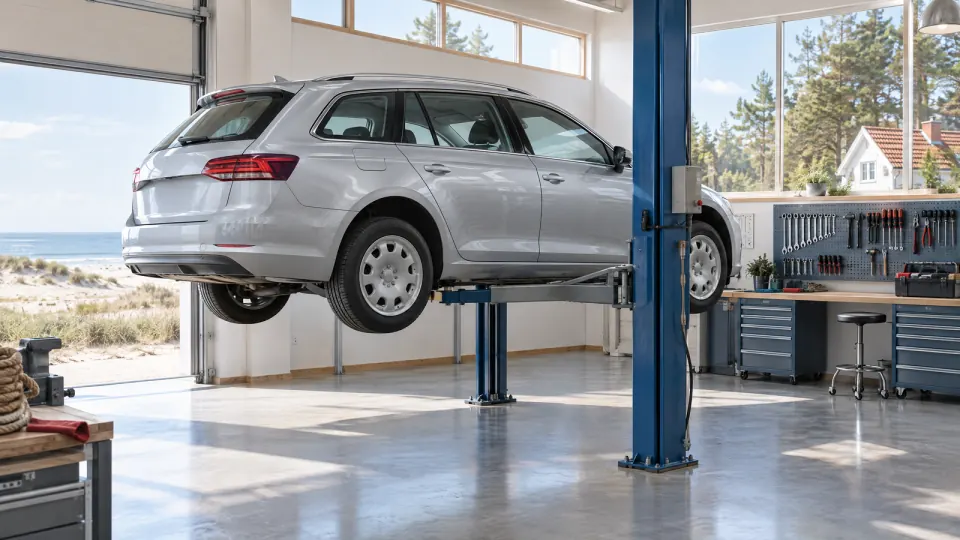Aufgeräumte Werkstatthalle mit Auto auf der Hebebühne, Werkzeugwand und Werkbank im Tageslicht
