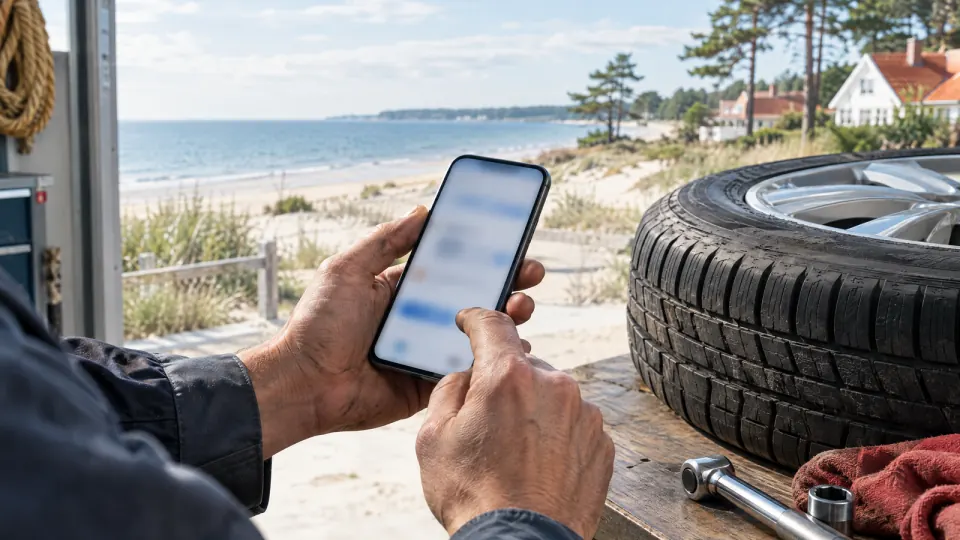Hände eines Mechanikers halten ein Smartphone mit unscharfem Bildschirm neben einem Reifen