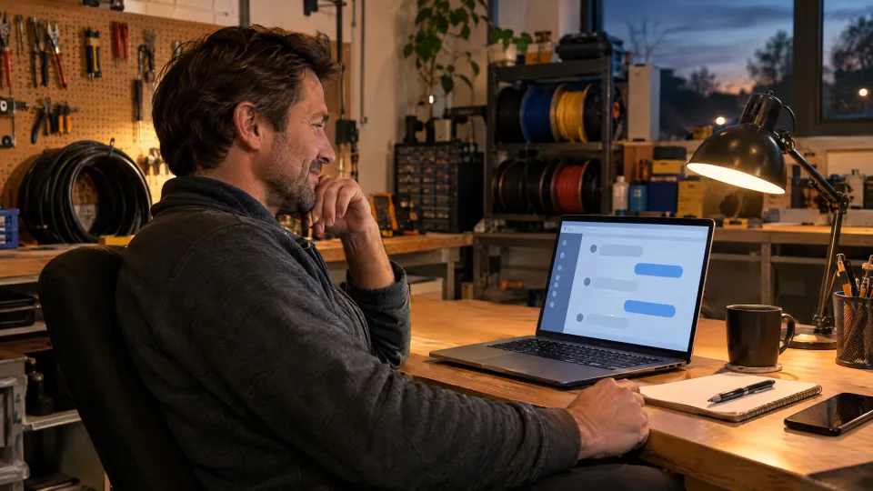 Inhaber eines Elektrobetriebs entspannt am Schreibtisch in der Werkstatt, auf dem Laptop eine Chat-Oberfläche, dahinter Werkzeug und Kabeltrommeln