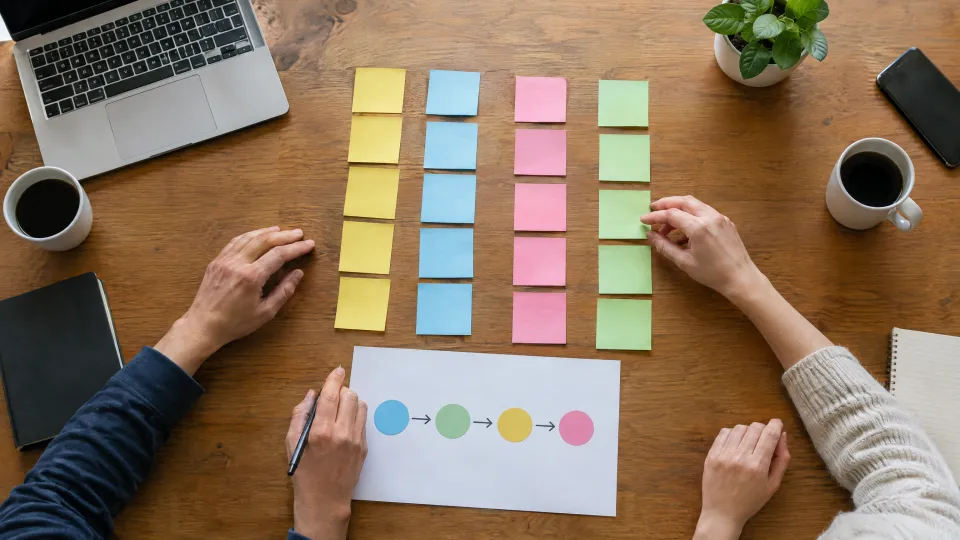 Zwei Personen bei einer Beratung am Holztisch mit Haftnotizen in Spalten, Laptop und einem einfachen Ablaufdiagramm